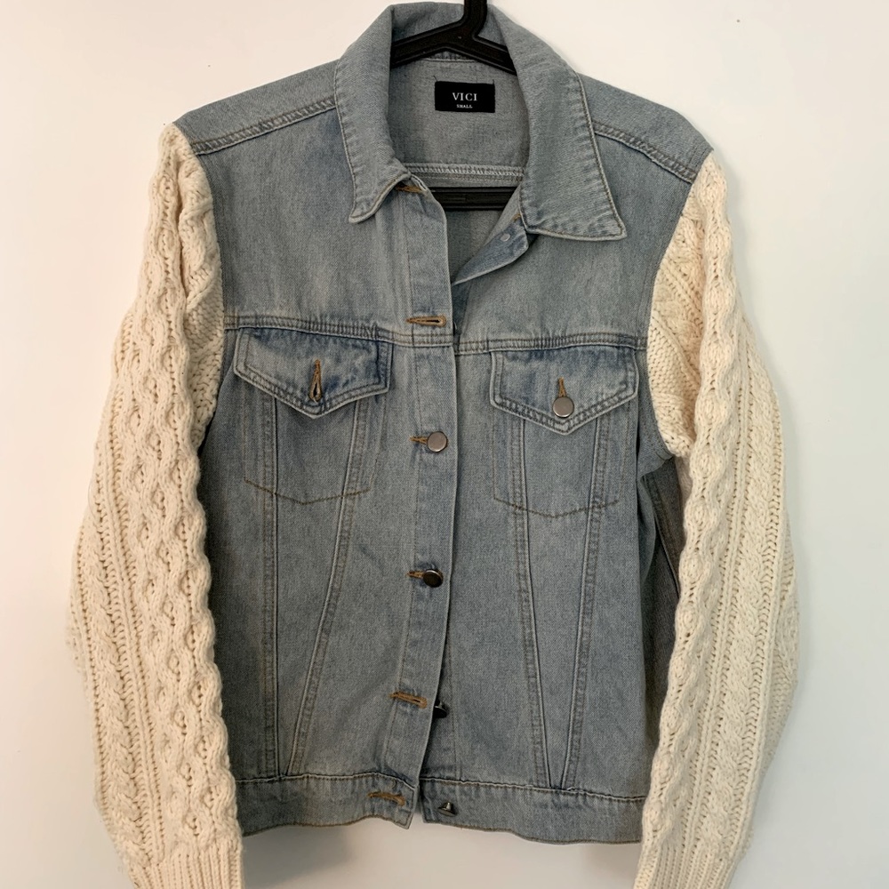 VICI Portman Contrast Cable Knit Denim Jacket Size S New